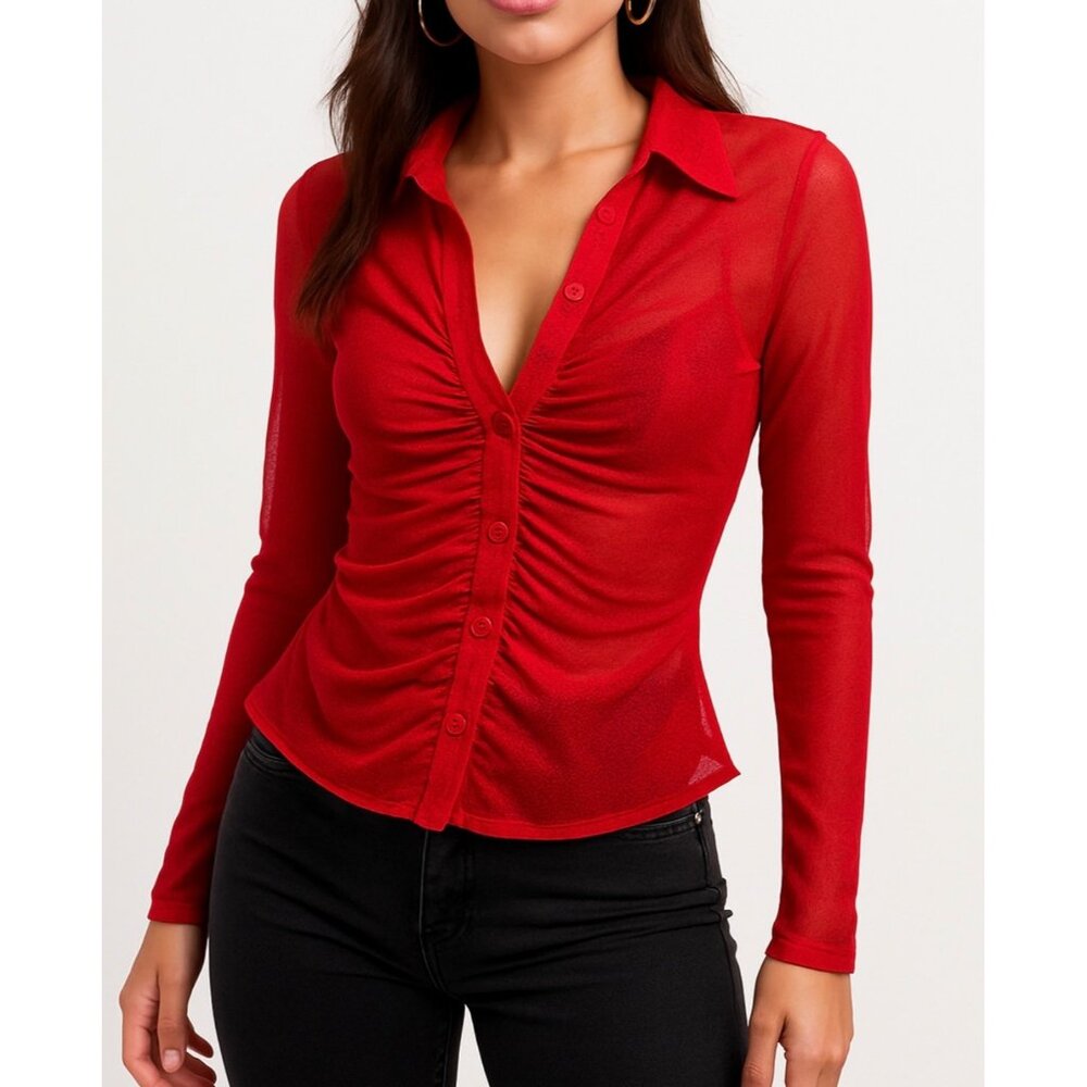 Y2K Red Blouse Sz Large Sheer Ruched Button Down Fitted Long Sleeve Top Collared